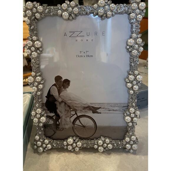 Azzure Home Pearls Rhinestones Ornate Photo Frame Wedding Picture Holds 5x7” - Picture 1 of 9